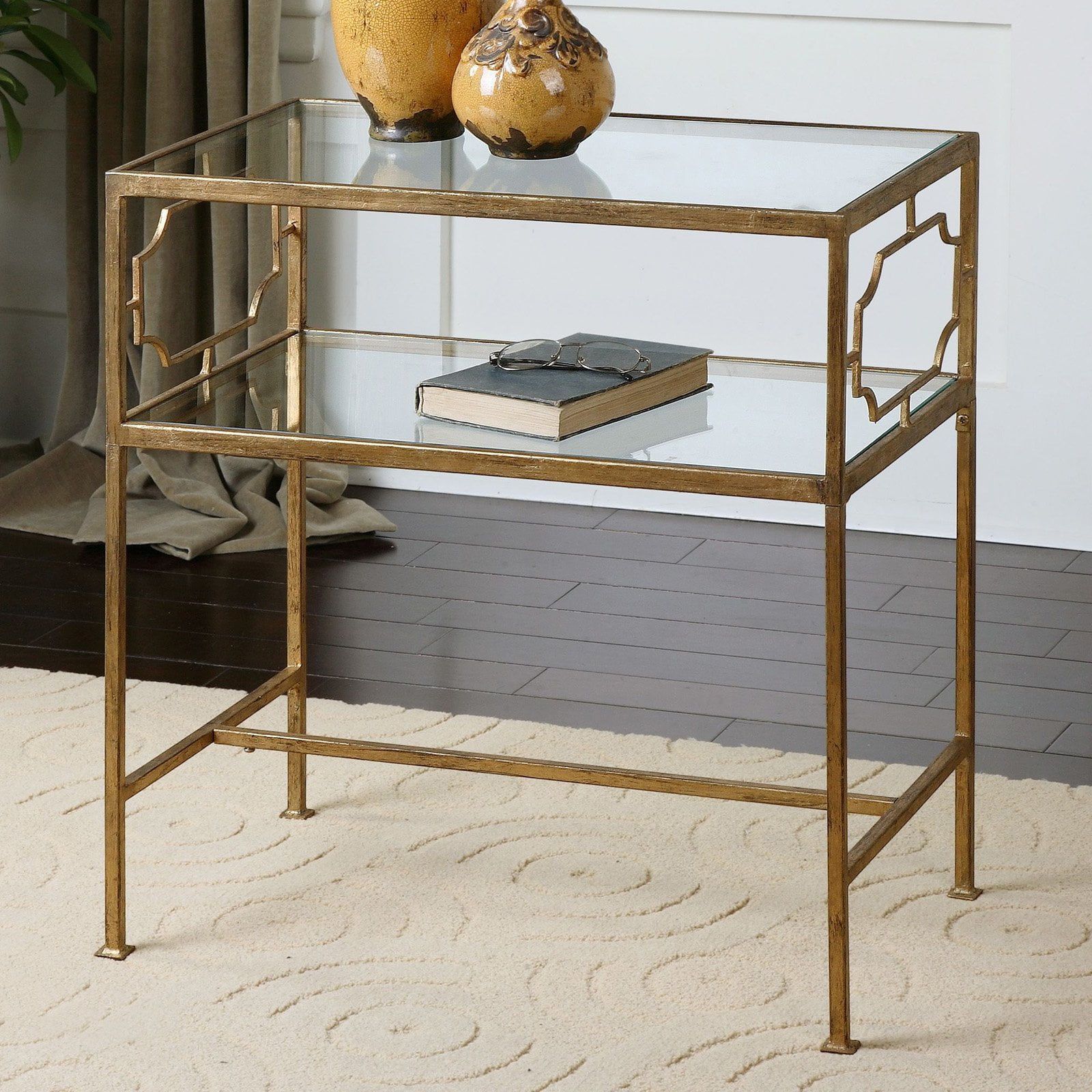 Elegant Gold Leaf Iron and Glass Rectangular Side Table