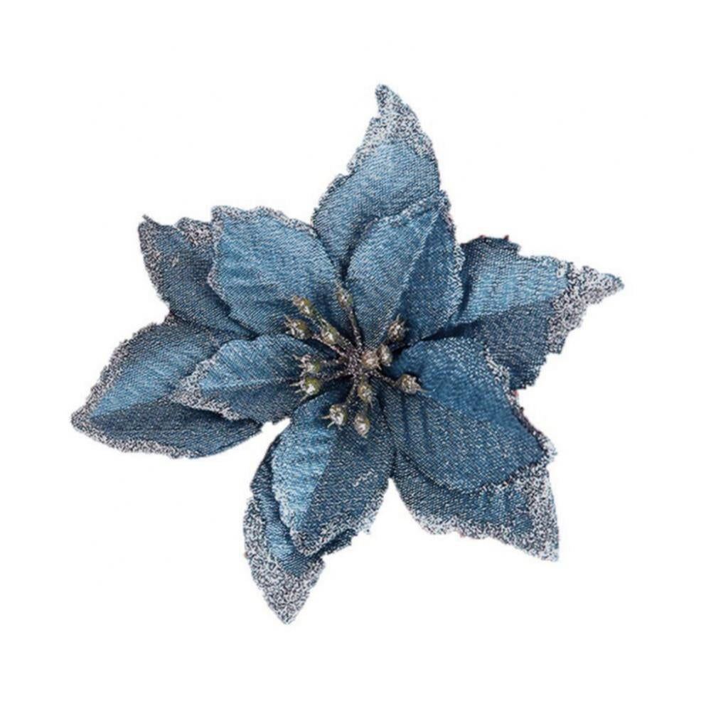 Teal Glitter Artificial Poinsettia Flowers for Christmas Tree Decor, 24PCS