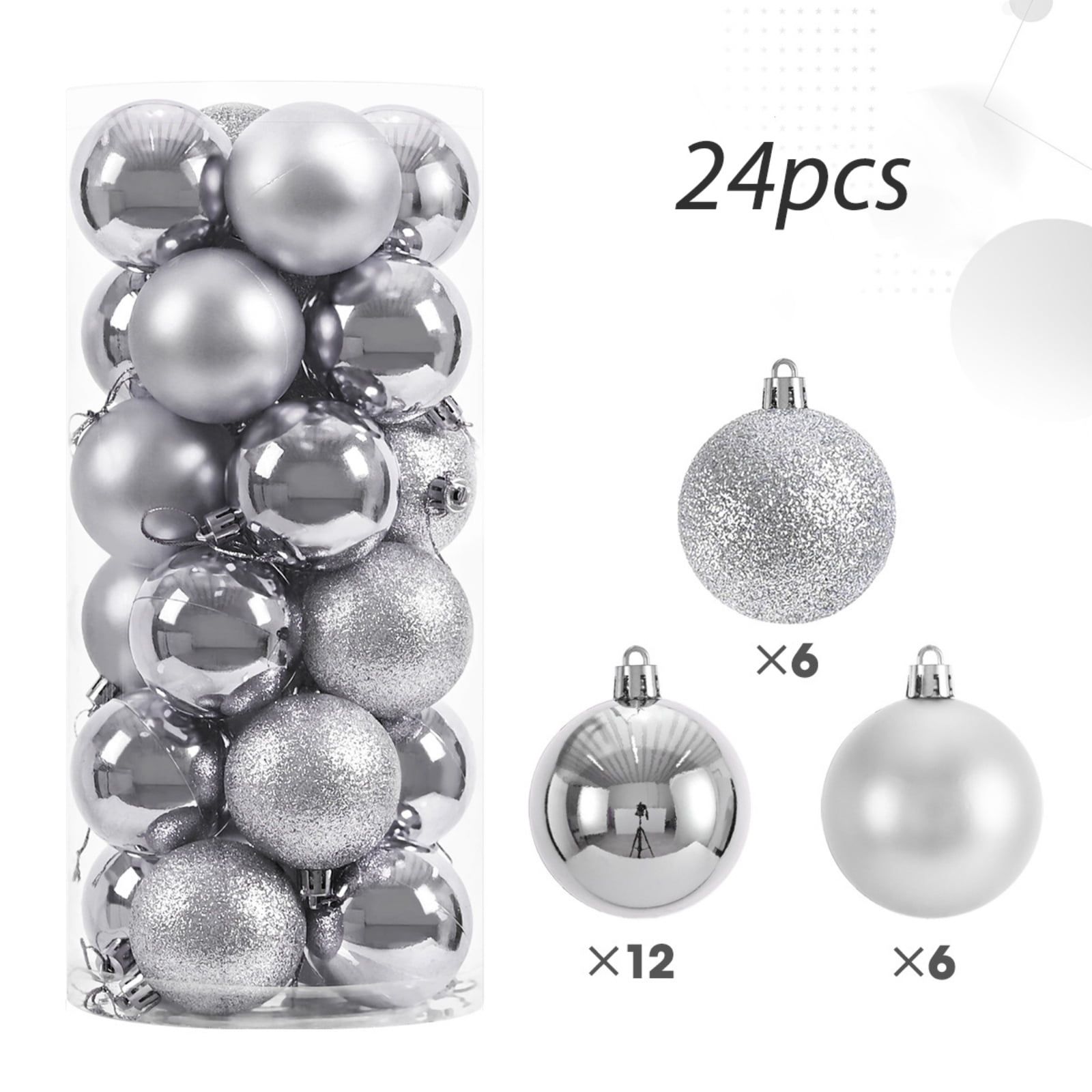 Silver Shatterproof Plastic Christmas Ball Ornaments Set of 24