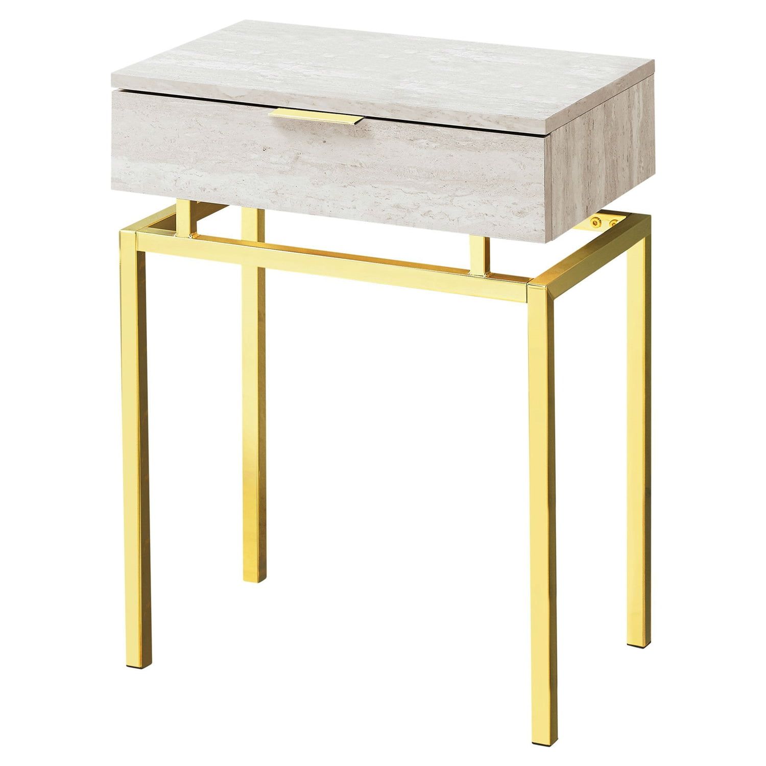 Contemporary Beige Marble and Gold Metal Rectangular Accent Table with Storage