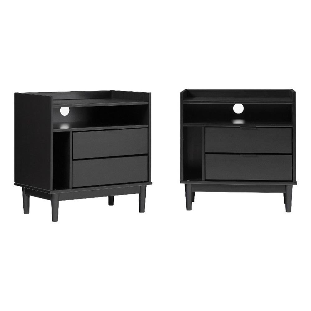 Black Solid Wood 2-Drawer Nightstand Set with Open Cubby