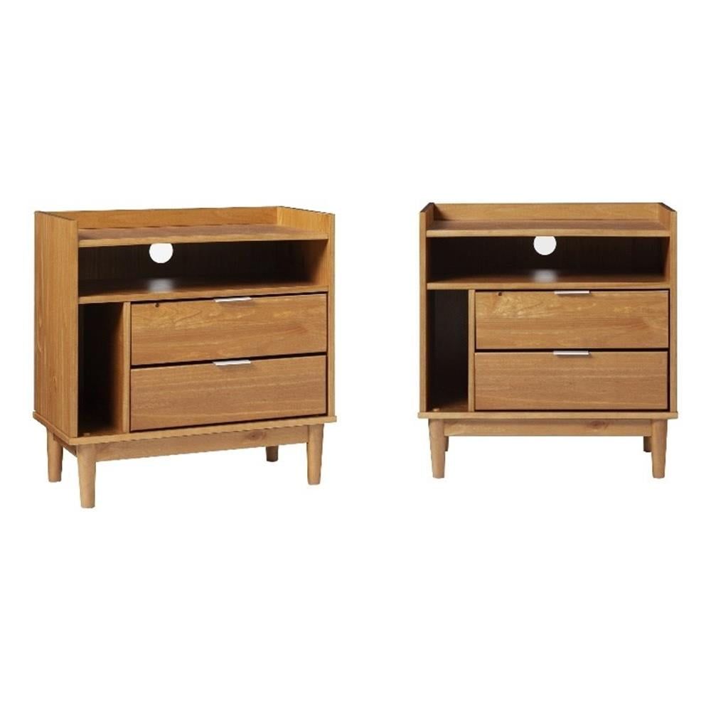 Caramel Solid Pine Wood 2-Drawer Nightstand Set with Open Cubby