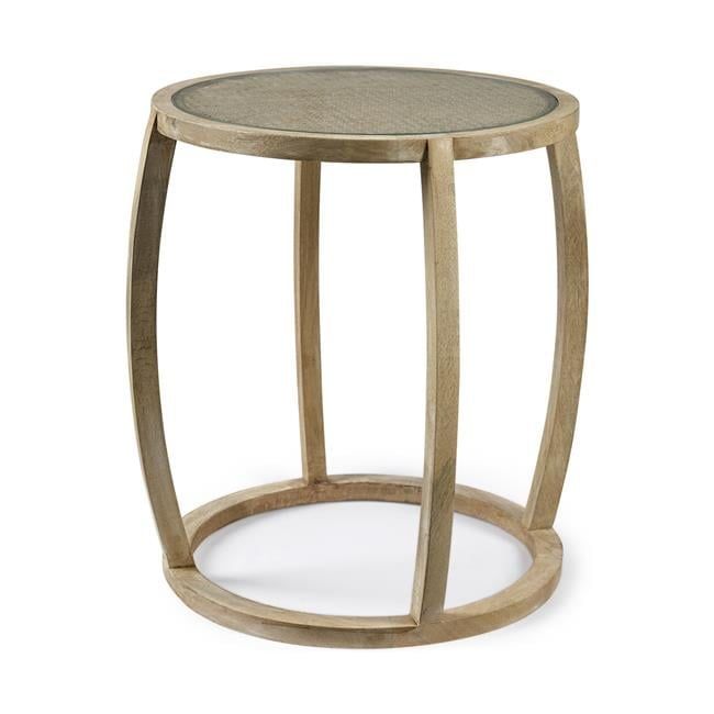 Light Brown Round Wood and Glass Accent Table