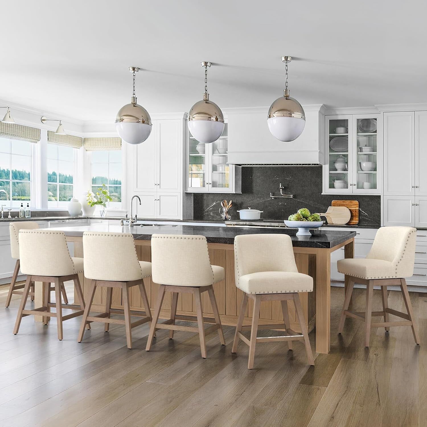 Beige Linen Upholstered Swivel Bar Stools with Solid Wood Legs, Set of 4
