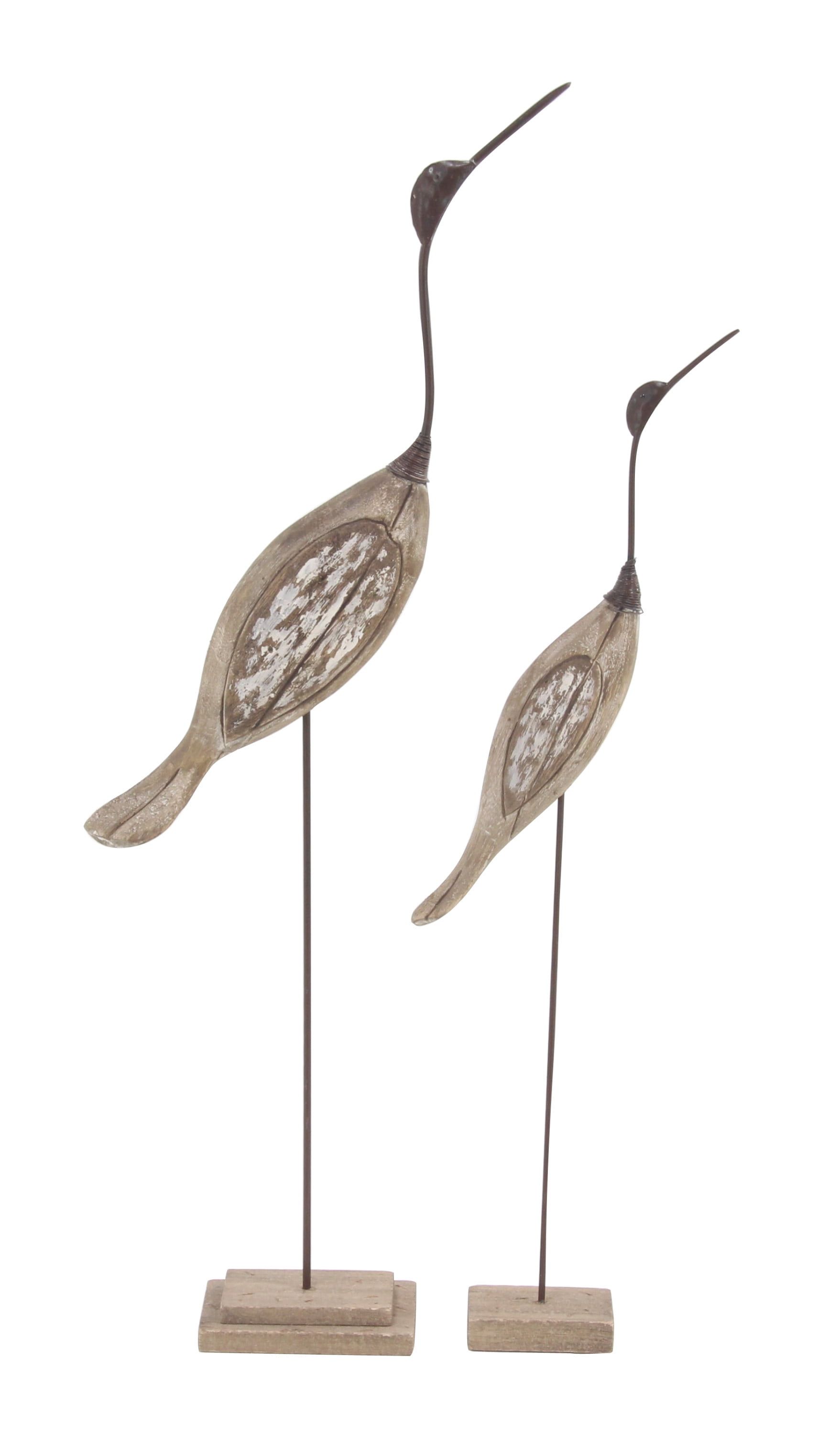 Brown Wood and Metal Bird Sculptures, Set of 2