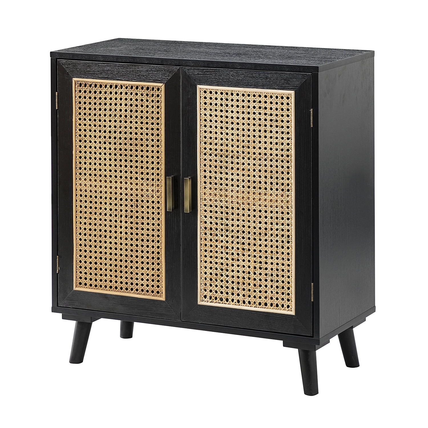 Black Medium Wood Accent Cabinet with Rattan Doors