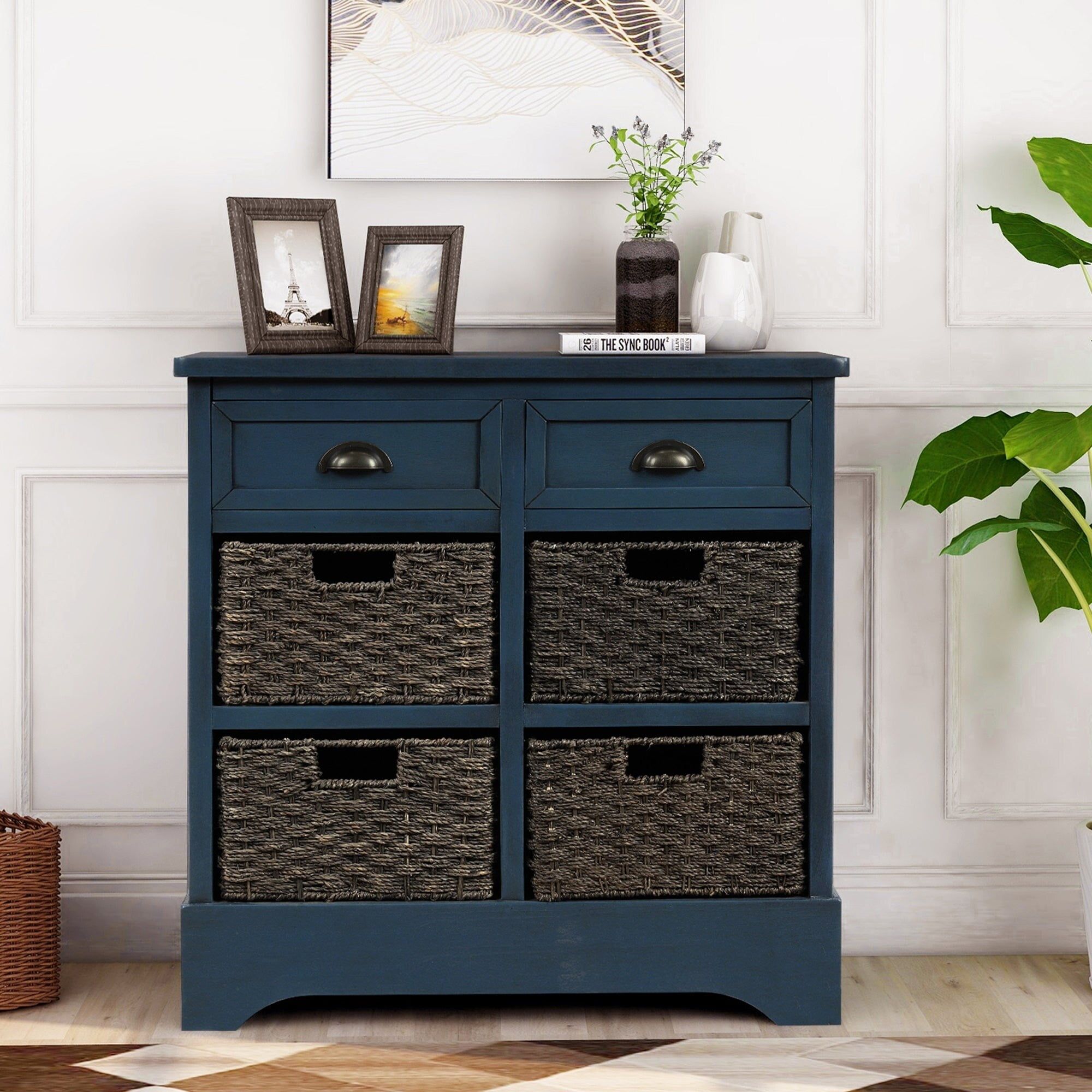 Antique Navy Wood Cabinet with Rattan Baskets and Drawers