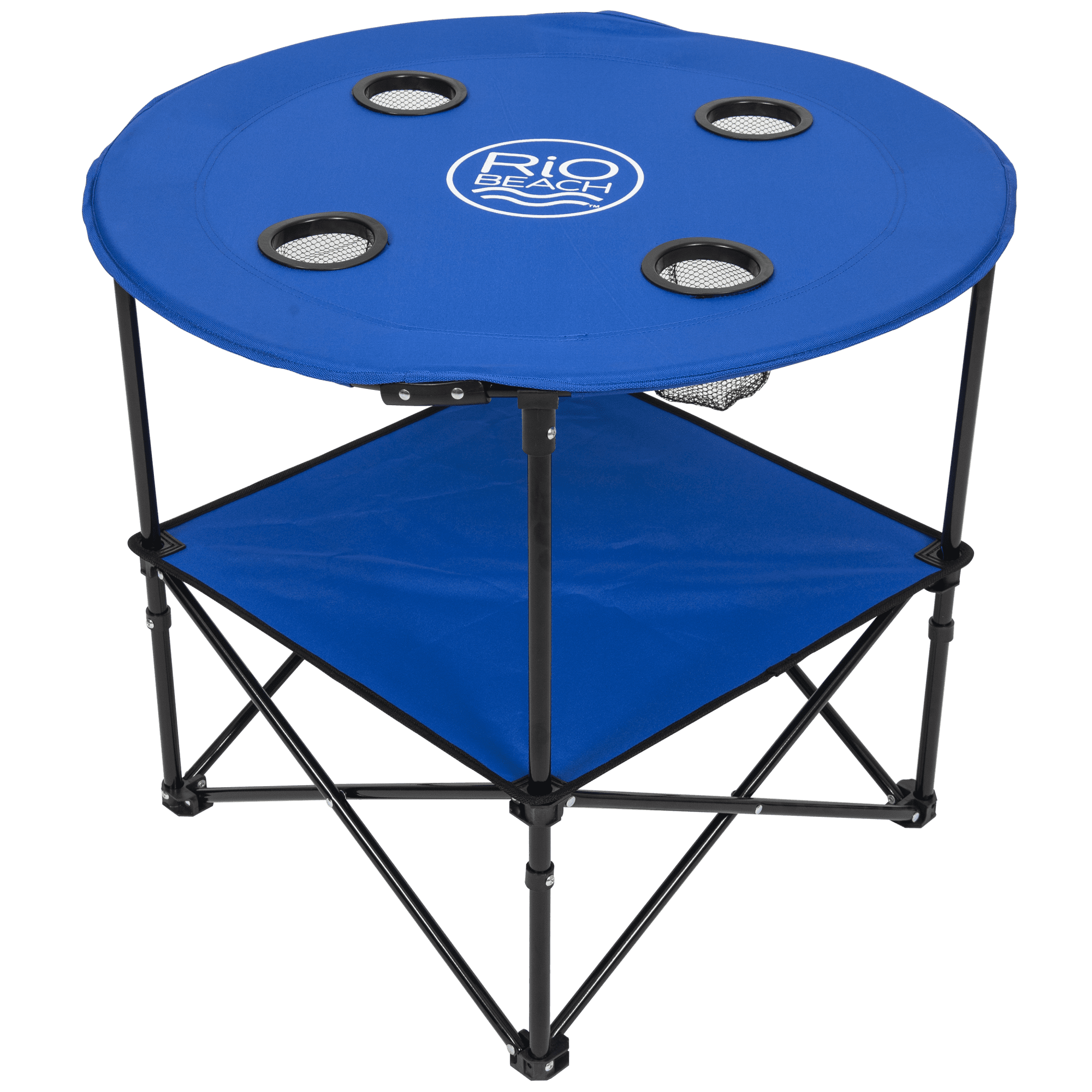 28" Blue Steel Round Folding Portable Beach Table with Cupholders