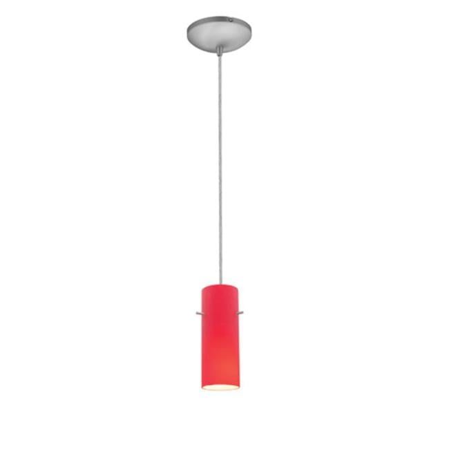 Red Glass Cylinder Pendant Light with Brushed Steel Finish
