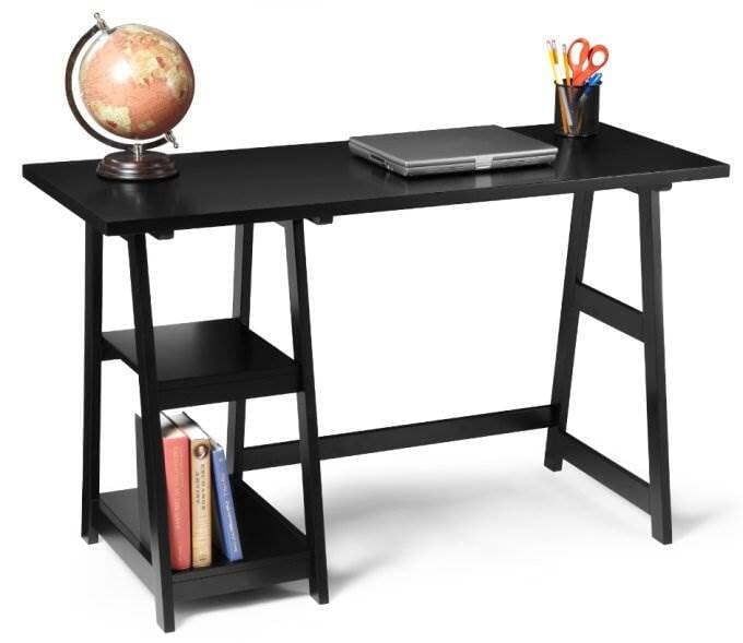 Black MDF Trestle Desk with Shelves, 47"