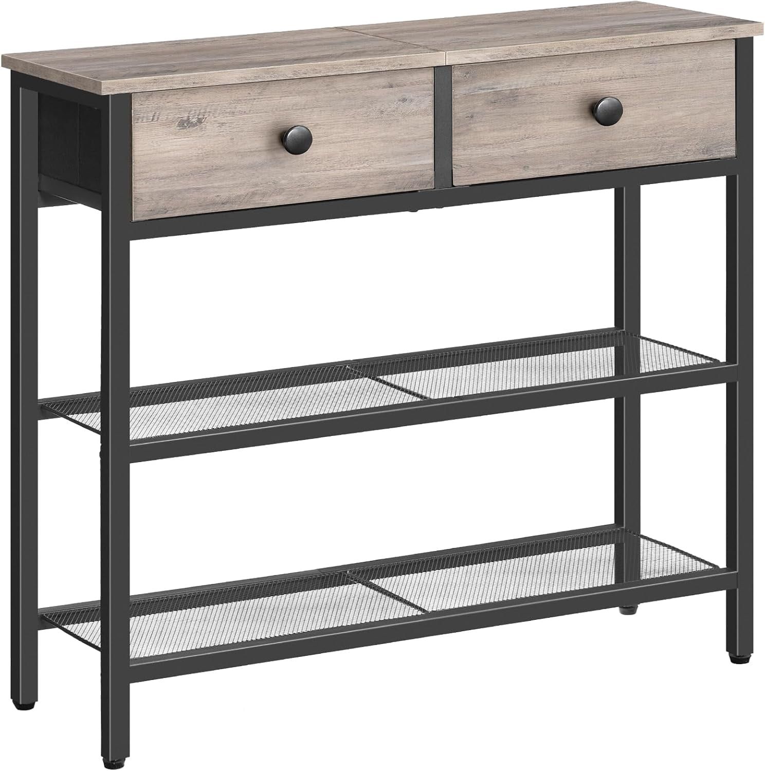 Rustic Brown and Black 29.5" Narrow Console Table with Fabric Drawers