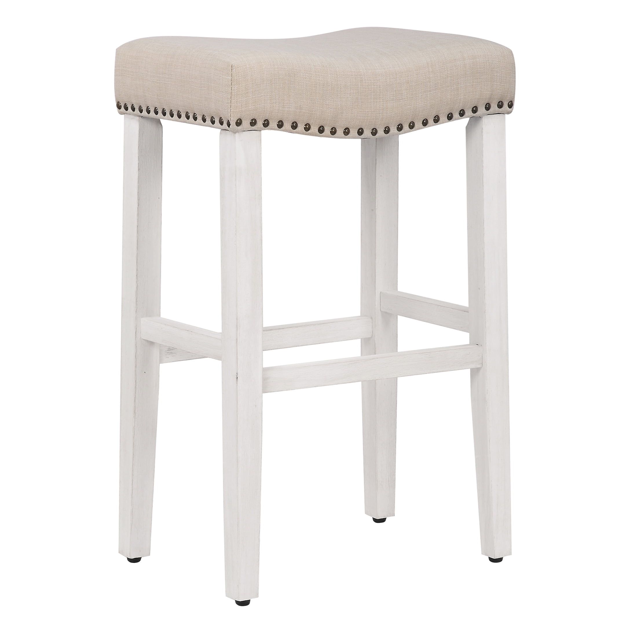 Beige Upholstered Backless Saddle Bar Stool with Nail Head Trim