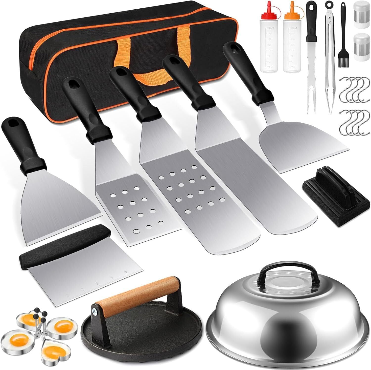 29-Piece Stainless Steel Griddle Grill Tool Set with Plastic Handles