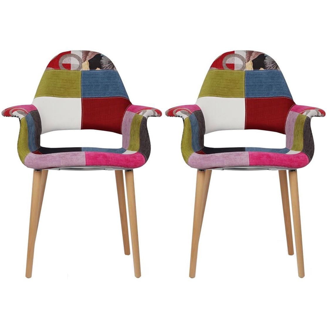 Multicolor Patchwork Linen Upholstered Arm Chair with Natural Wood Legs