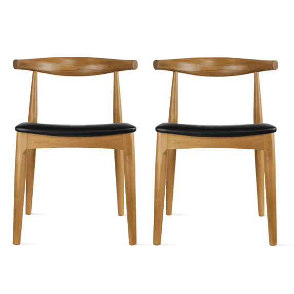 Walnut Wood Side Chair with Black Faux Leather Seat, Set of 2