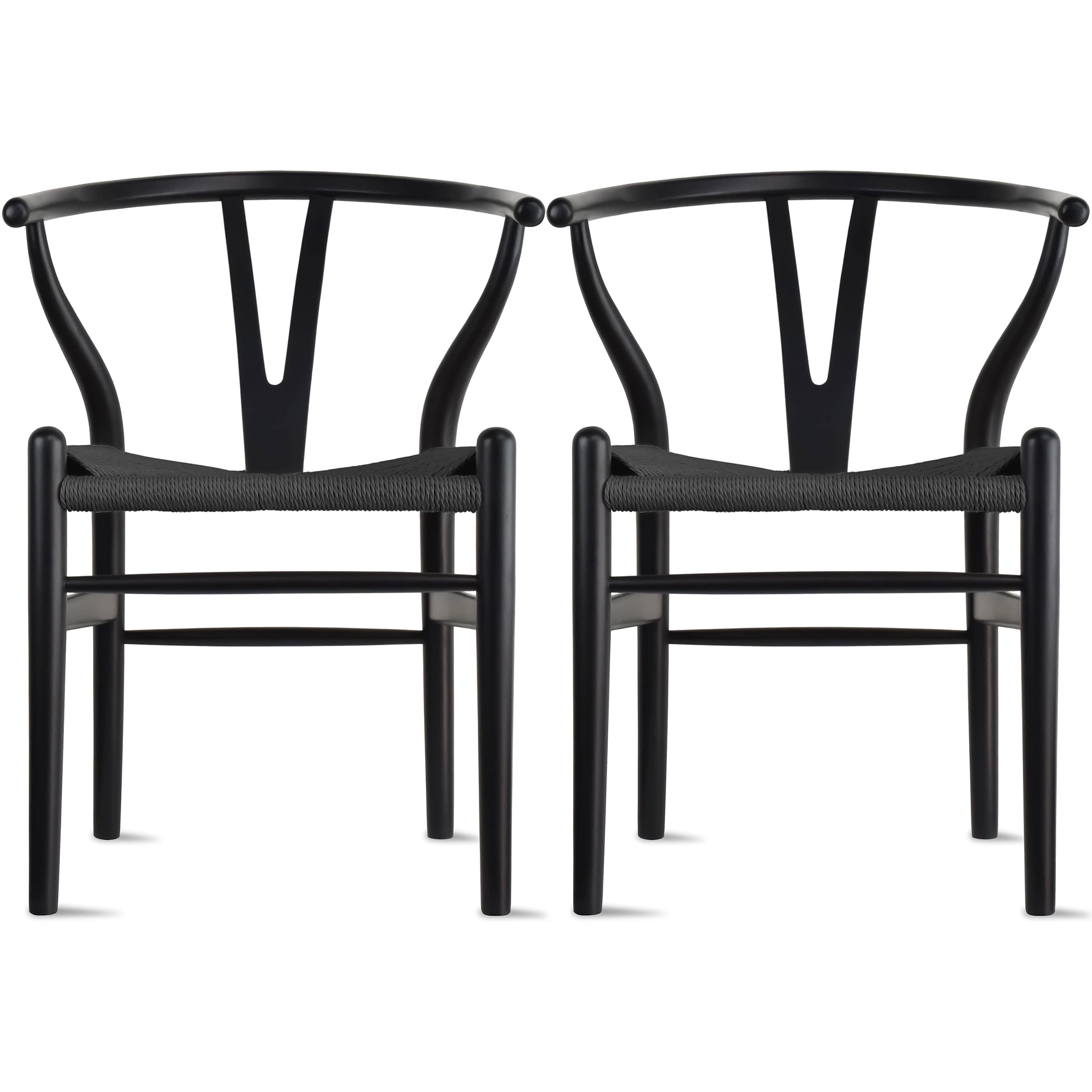 Black Wishbone Solid Wood Armchairs with Woven Seat, Set of 2