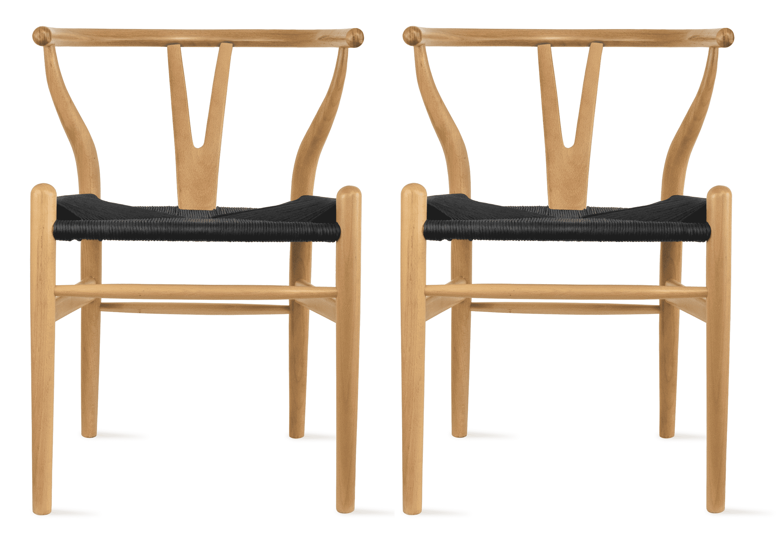 Natural Wood Wishbone Armchair with Black Woven Seat, Set of 2