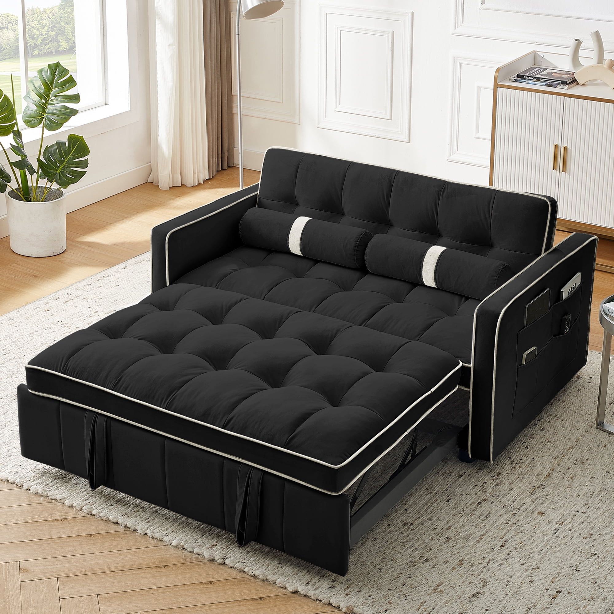 Black Velvet Convertible Sleeper Sofa with Storage and Pillows