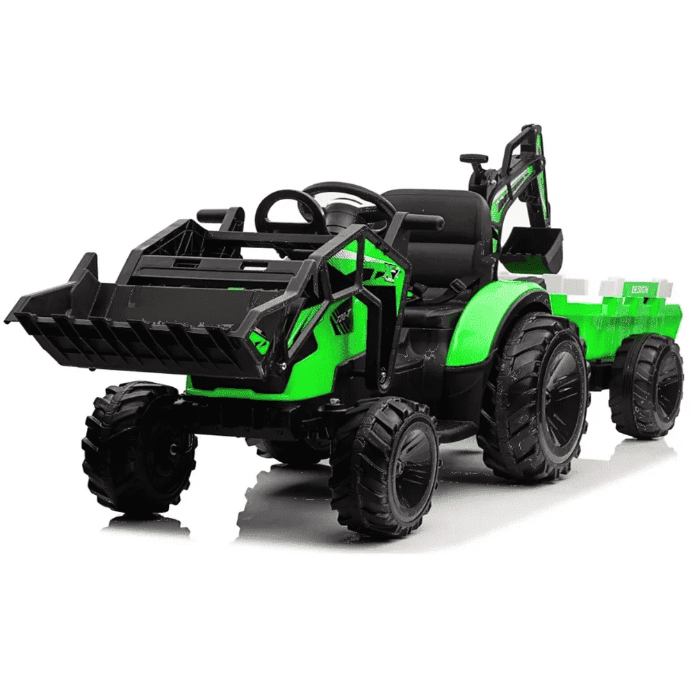 Green 24V 3-in-1 Ride-On Tractor with Trailer and Shovel