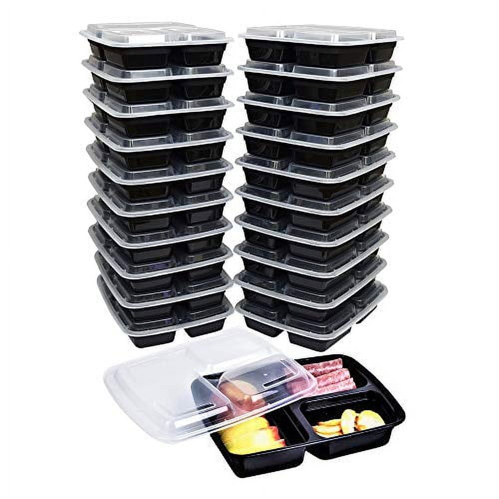 Black Plastic 3-Compartment Meal Prep Containers with Clear Lids, Set of 25