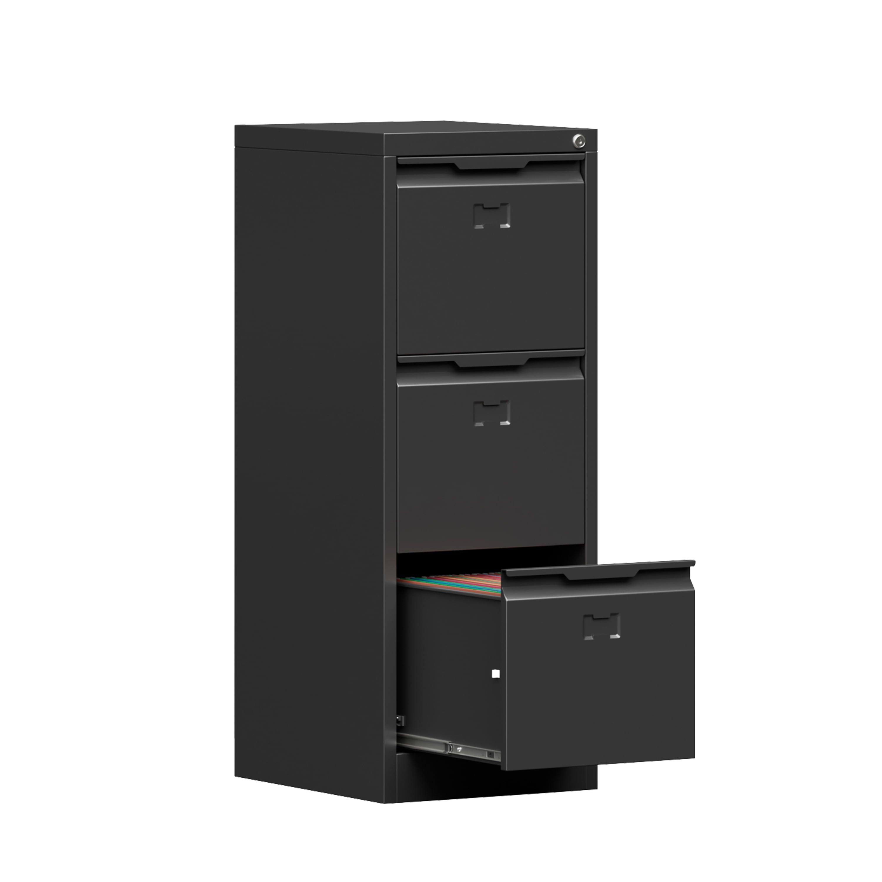 Black Steel 3-Drawer Lockable Vertical File Cabinet