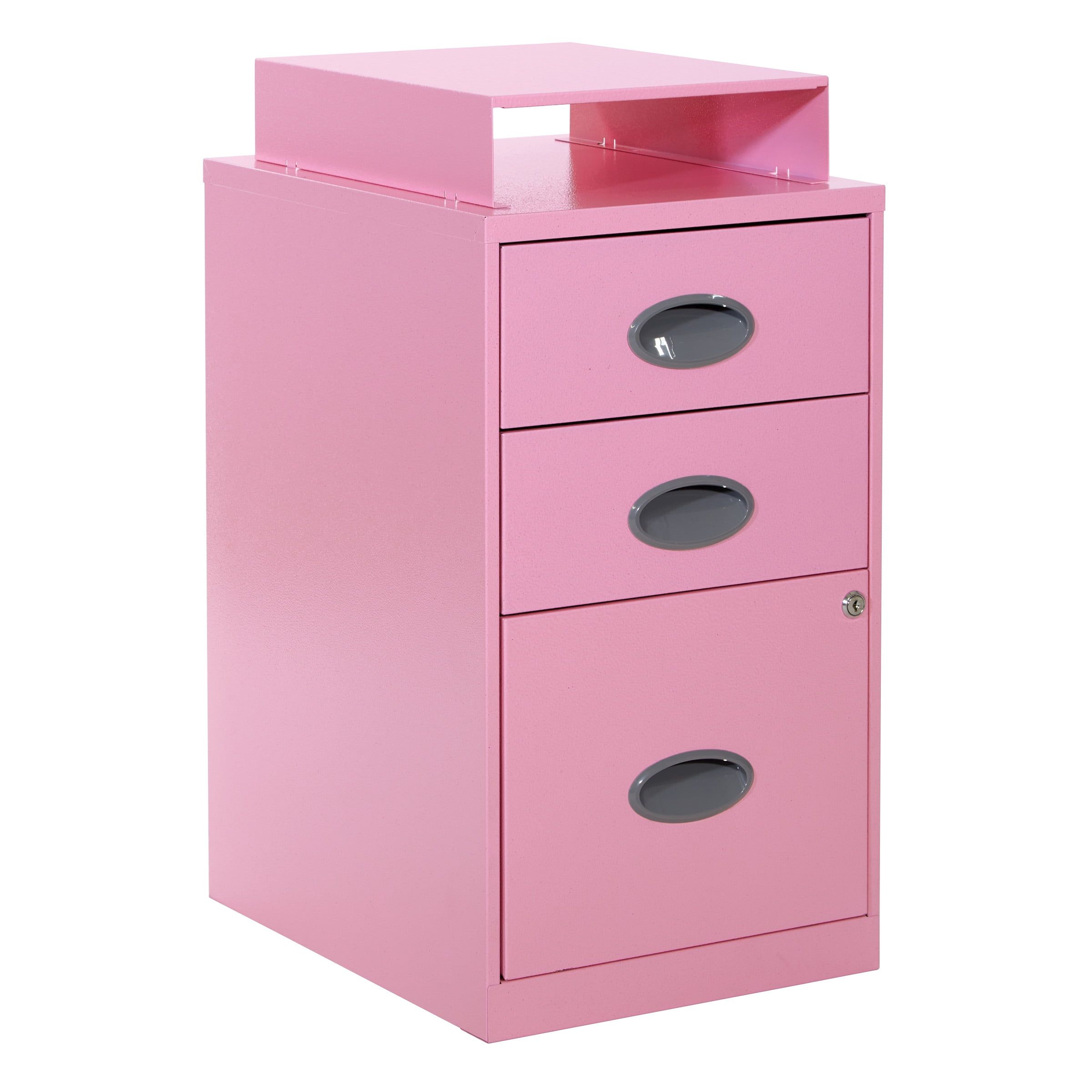 Pink 3-Drawer Lockable Metal File Cabinet with Top Shelf