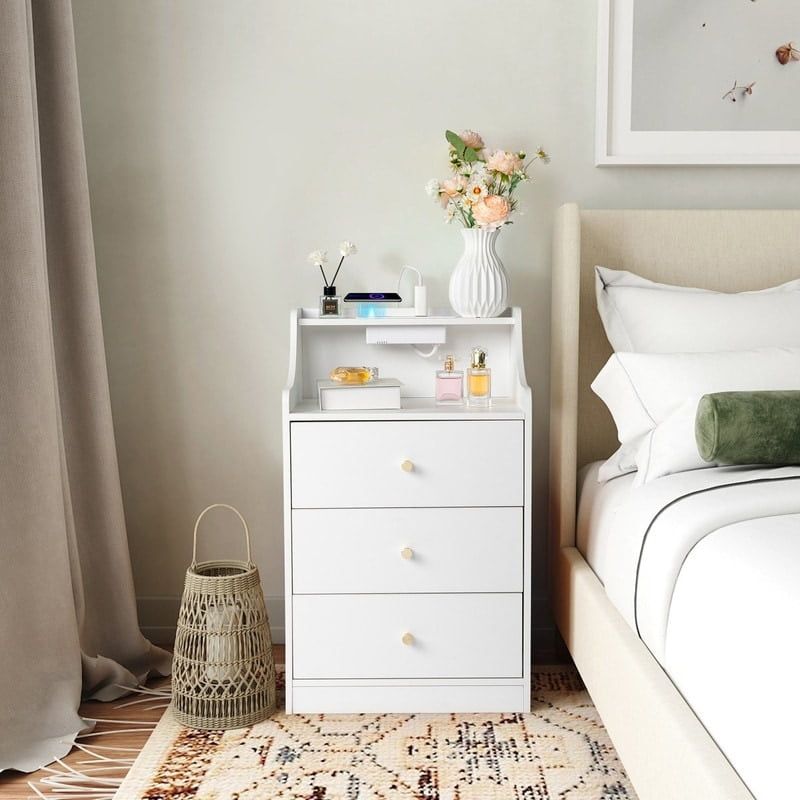 White 3-Drawer Nightstand with Charging Station