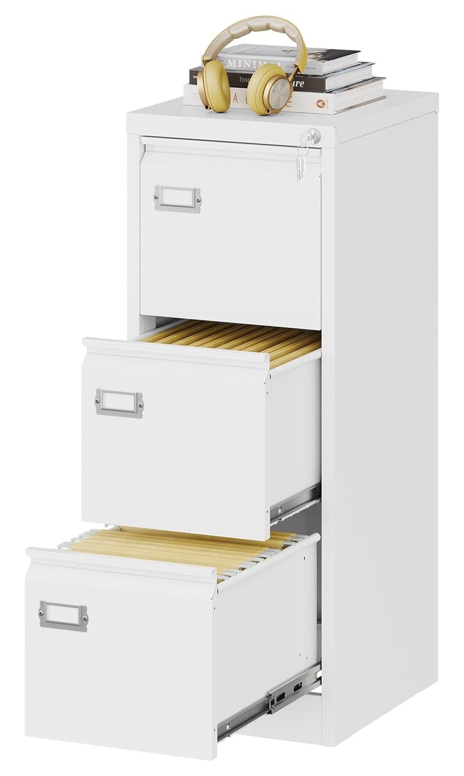 White Metal 3-Drawer Lockable Vertical File Cabinet