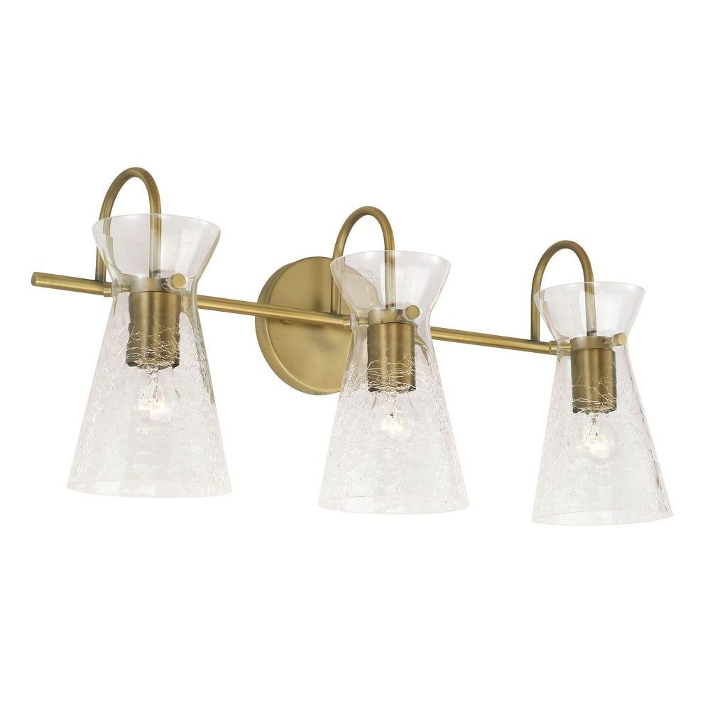 Mila Aged Brass 3-Light Vanity with Half-Crackle Glass Shades