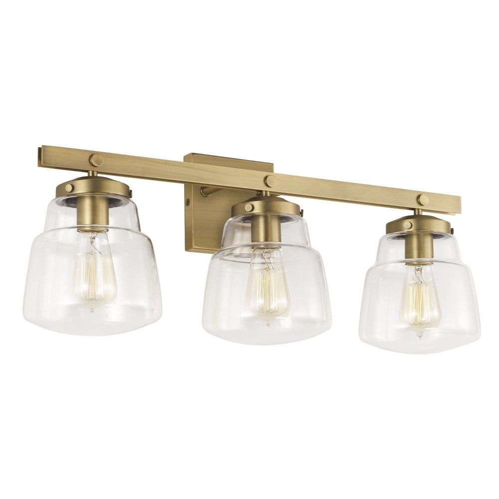 Dillon Aged Brass 3-Light Vanity with Clear Glass Shades