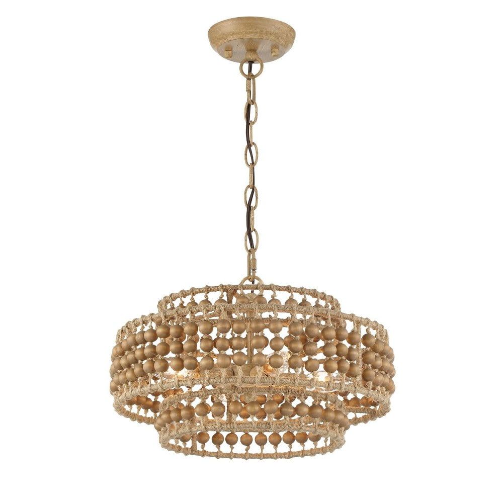 Burnished Silver 3-Light Chandelier with Natural Wood Beads