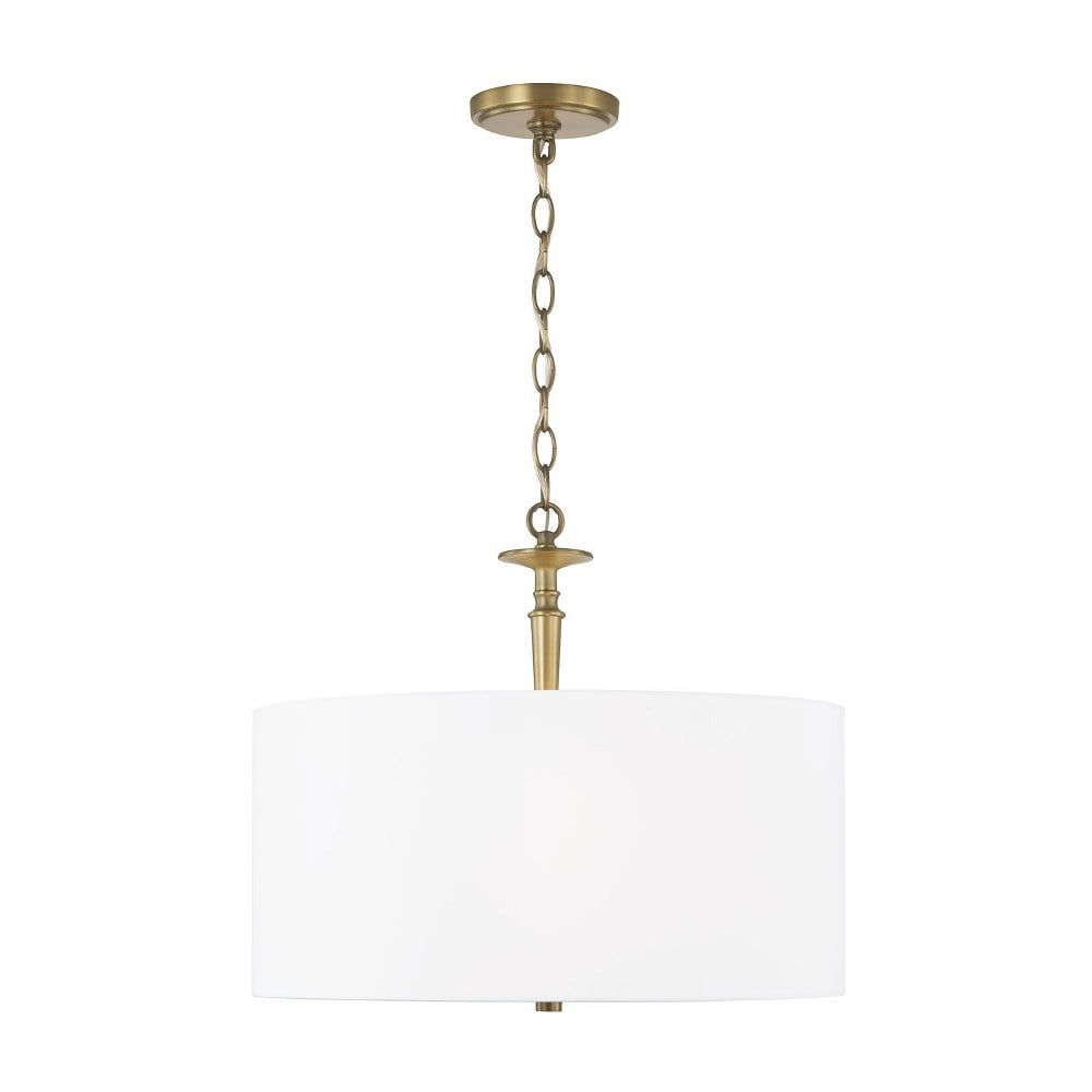 Abbie Aged Brass 3-Light Pendant with White Fabric Shade