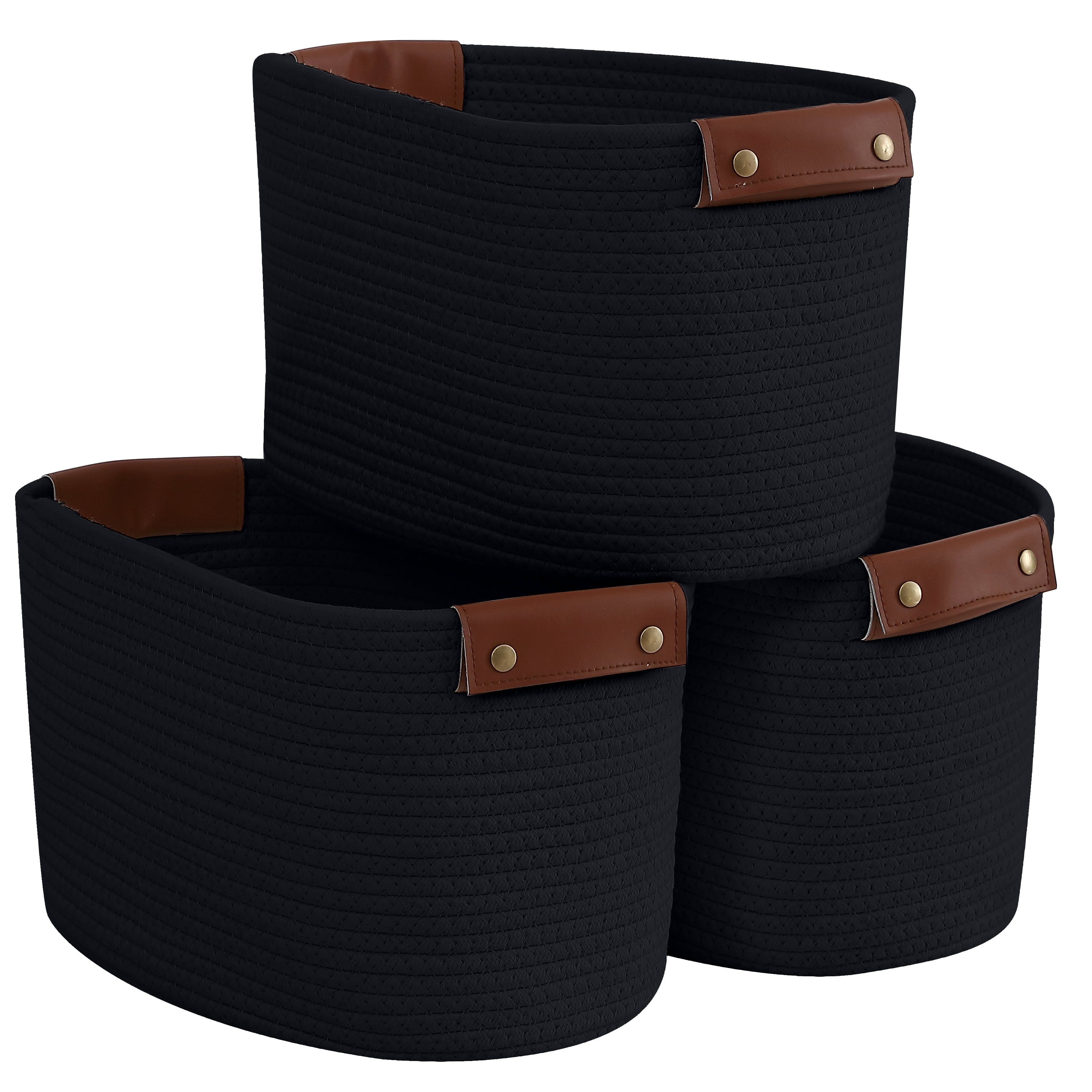 Black Cotton Rope Storage Baskets with Faux Leather Handles