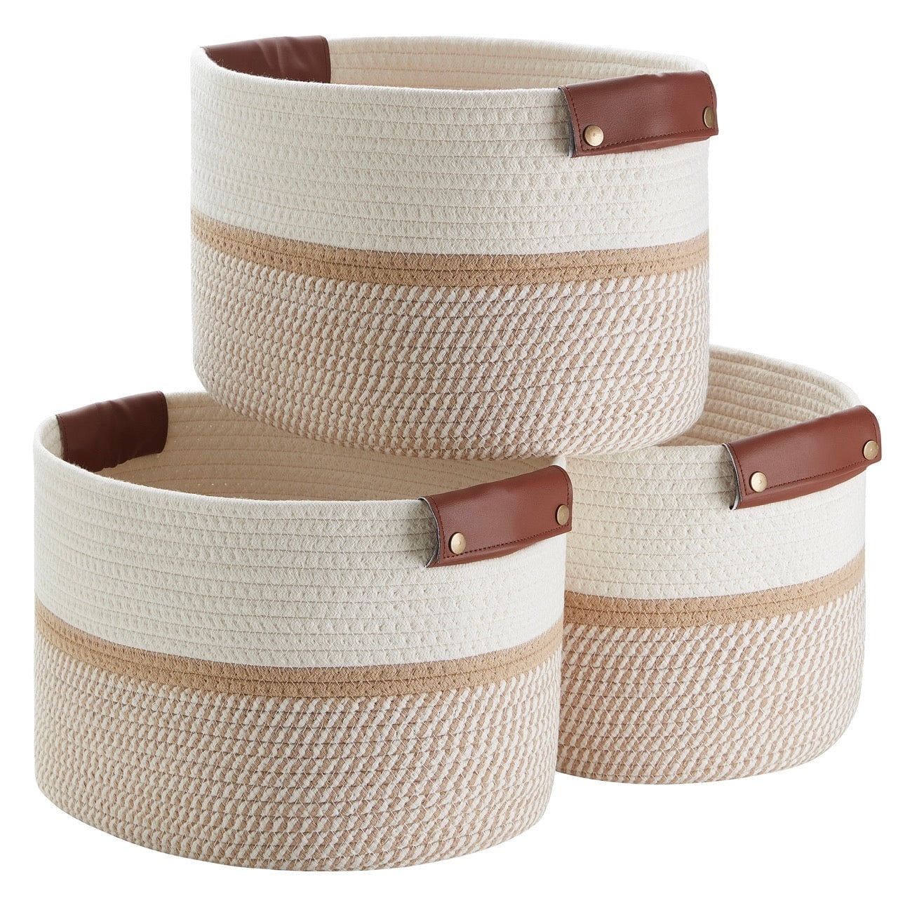 Set of 3 White and Brown Cotton Rope Storage Baskets with Faux Leather Handles