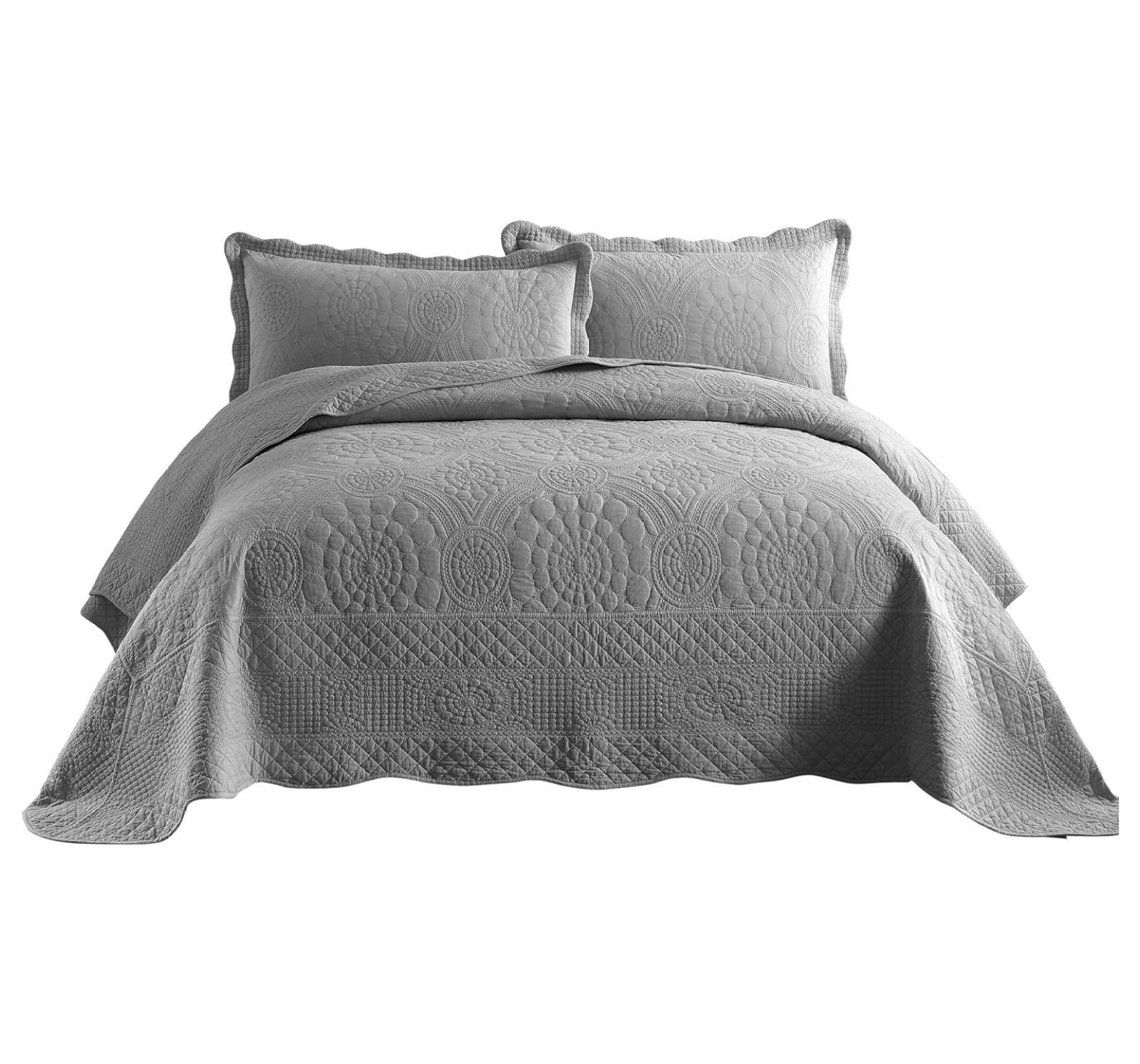 Light Grey Cotton Queen Oversized Quilt Bedspread Set