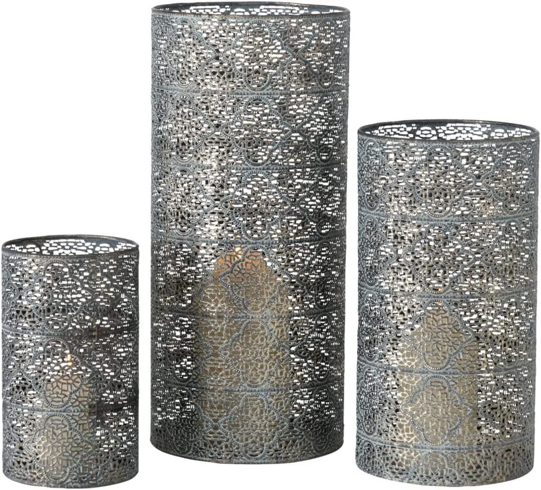 Distressed Gold and Grey Metal Hurricane Candle Lantern Set, 15.75 Inches