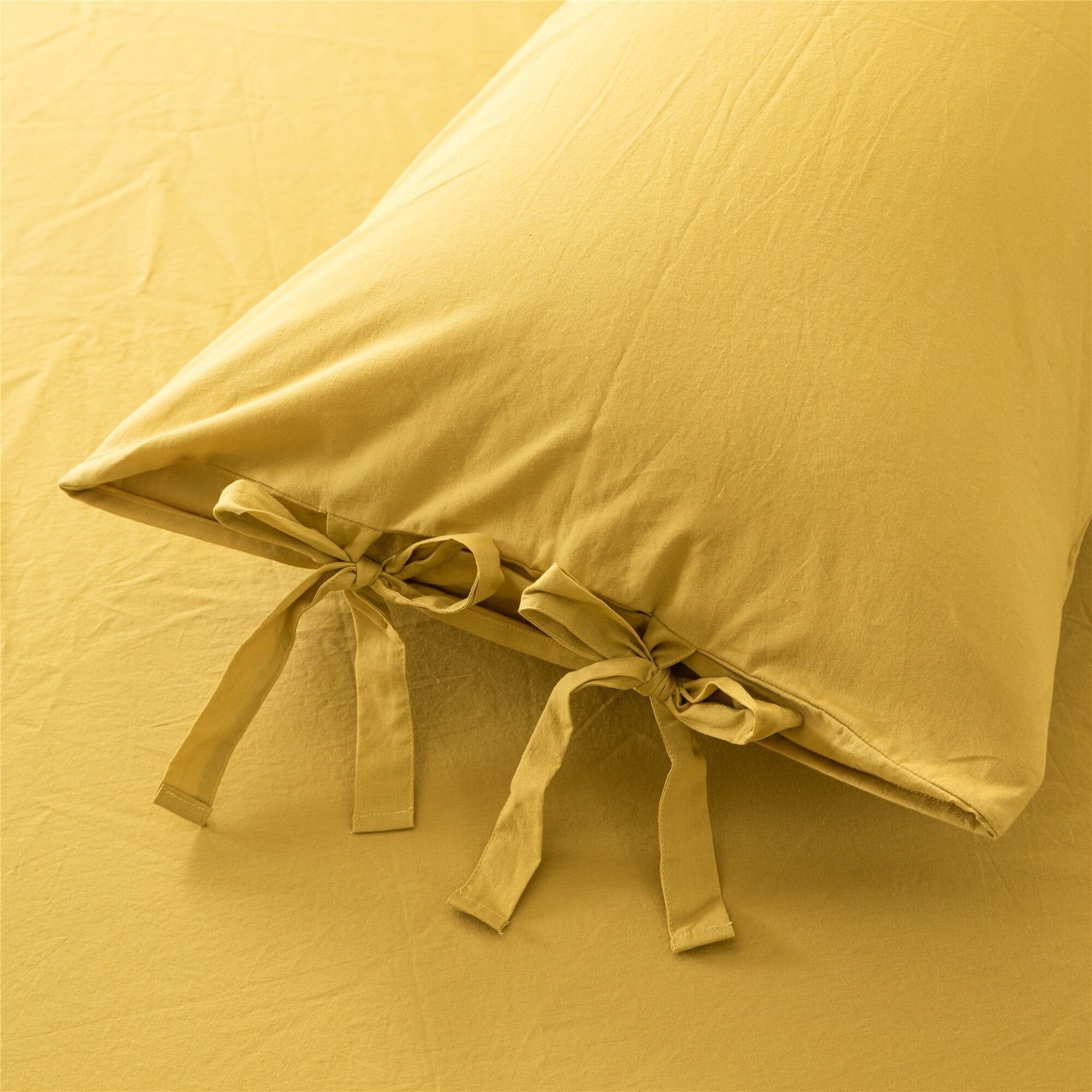 Yellow Cotton Queen Duvet Cover Set with Bow Tie Closure