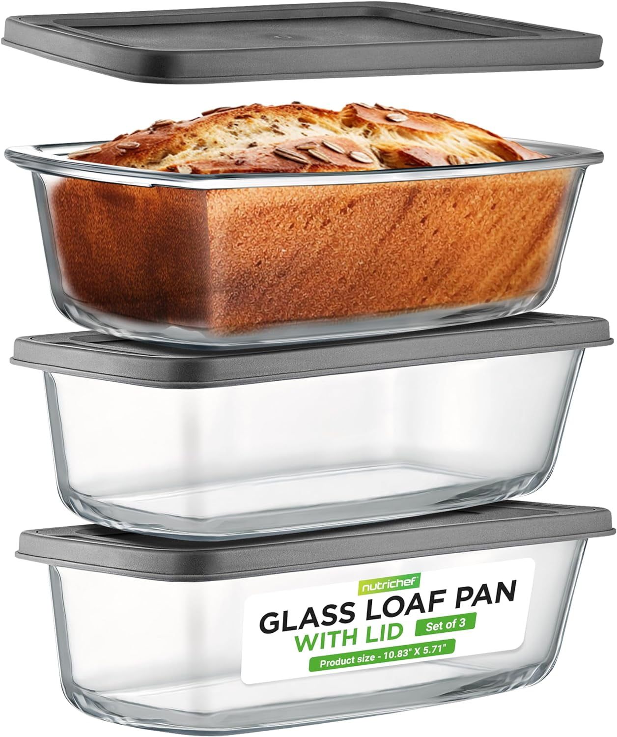 NutriChef 3-Piece Clear Glass Loaf Pan Set with Lids