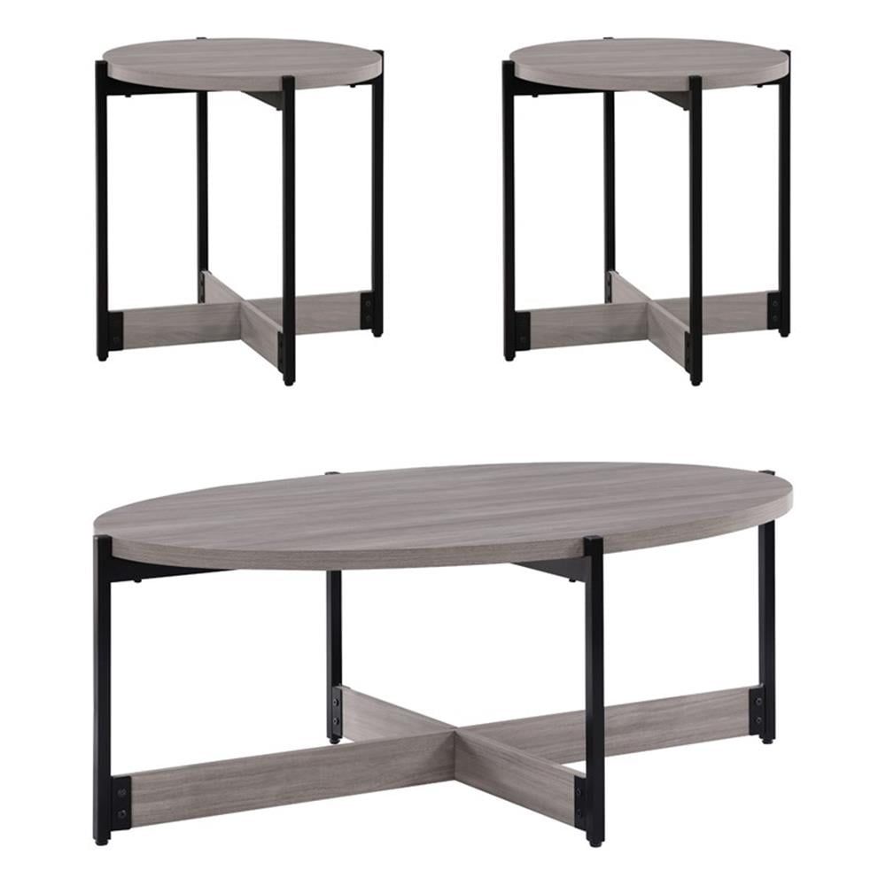 Gray Woodgrain and Black Metal 3-Piece Occasional Table Set