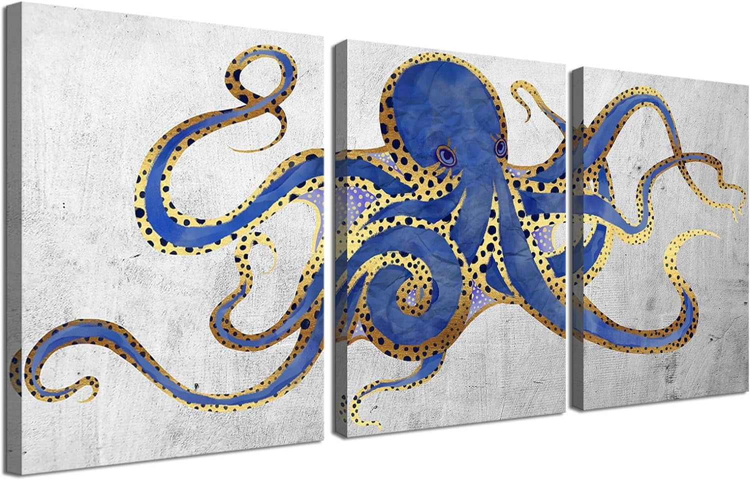 Navy Blue and Gold Octopus Canvas Wall Art Set