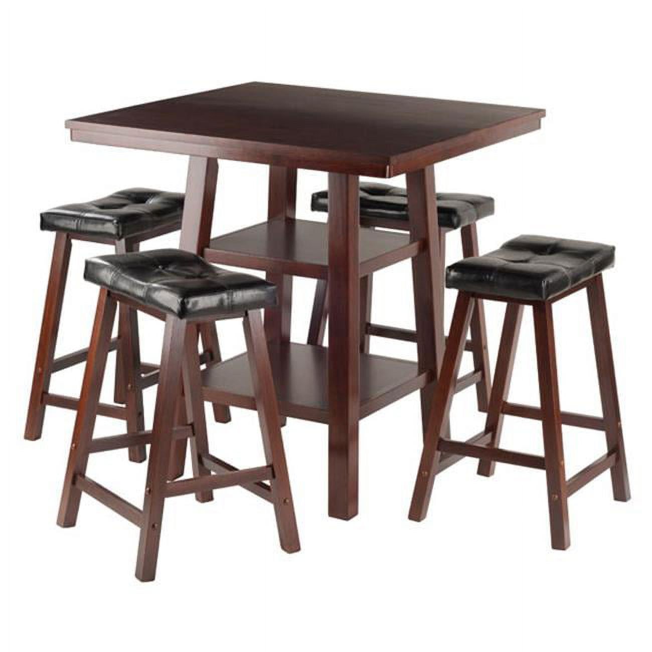 Walnut Square High Table & 4 Cushioned Stools Set with Storage Shelves