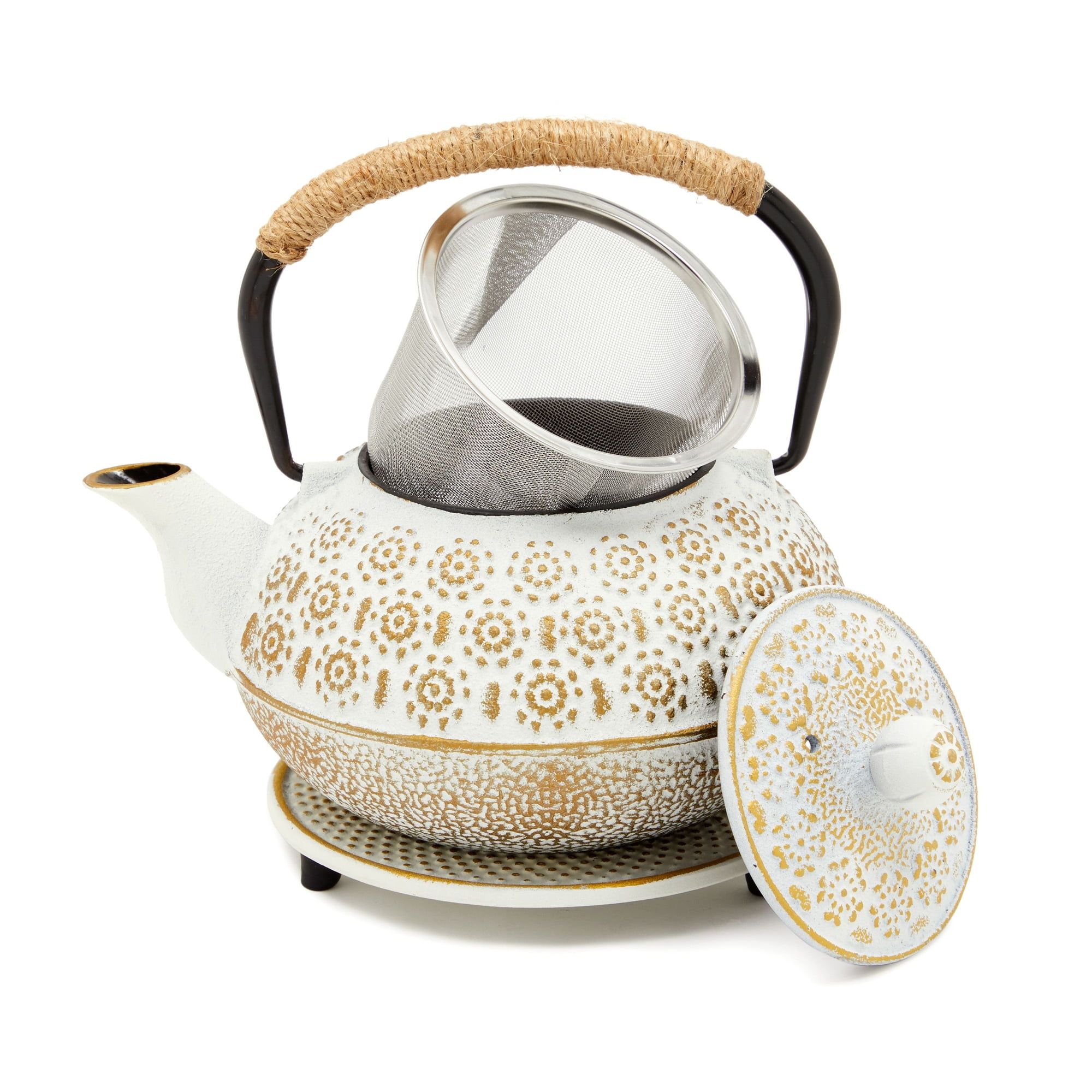 White and Gold Cast Iron Japanese Teapot Set with Infuser and Trivet