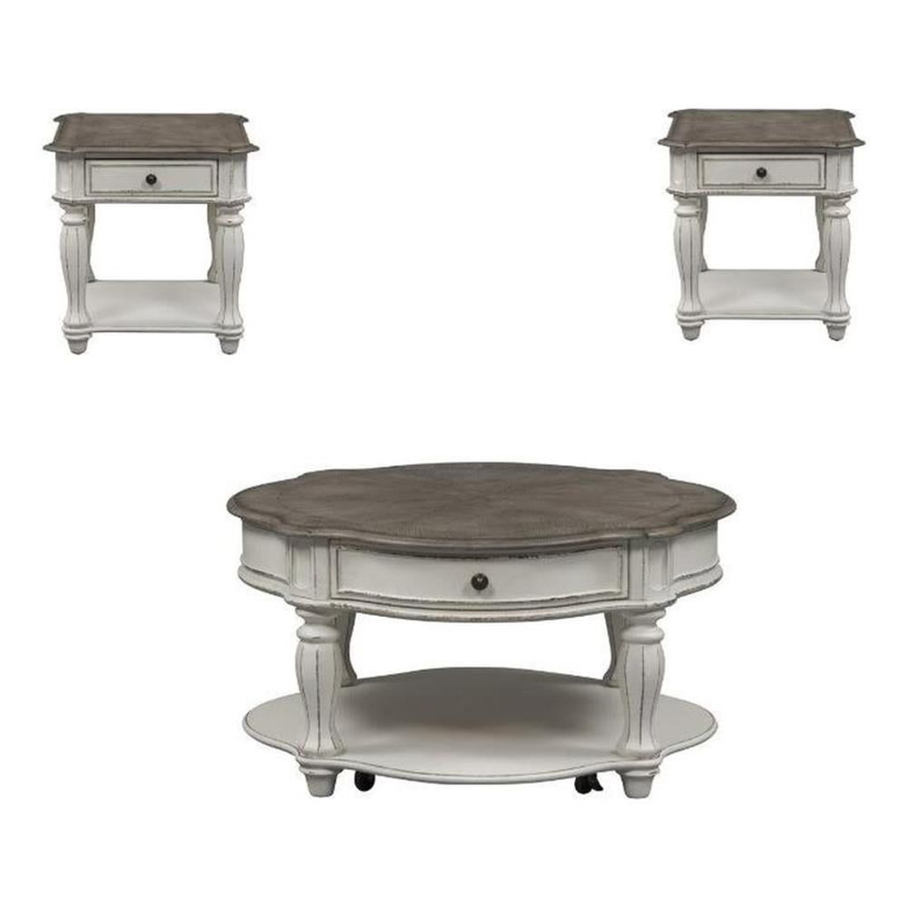 Magnolia Manor 3-Piece Antique White and Brown Coffee Table Set