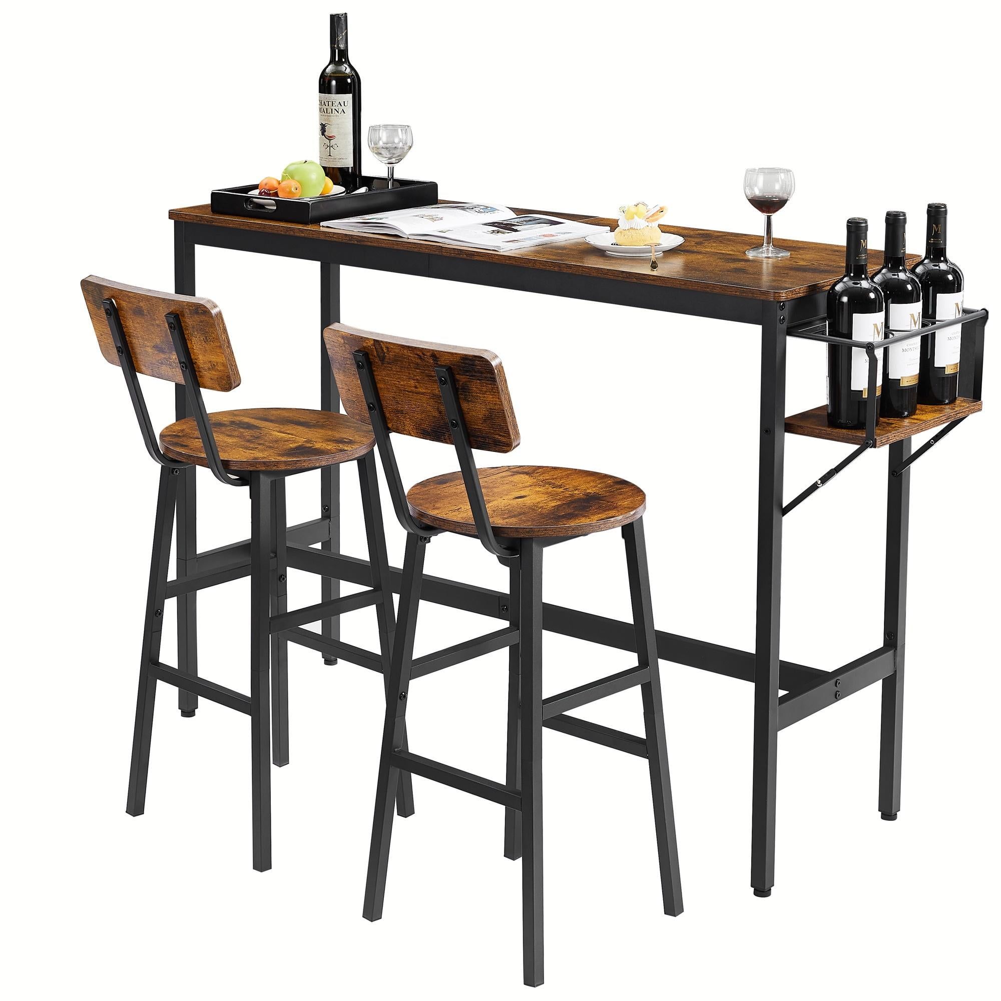 Rustic Brown Industrial Pub Table Set with Iron Frame and Collapsible Bottle Holder