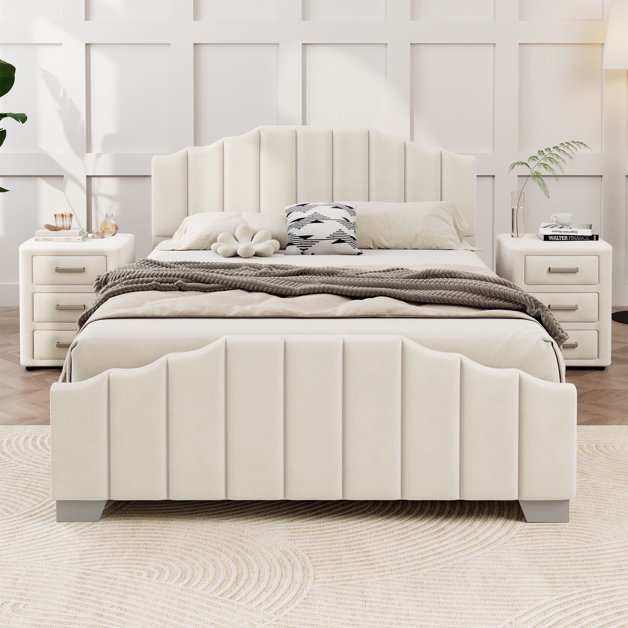 Beige Velvet Full Size Bed Set with Channel Tufted Headboard and Nightstands