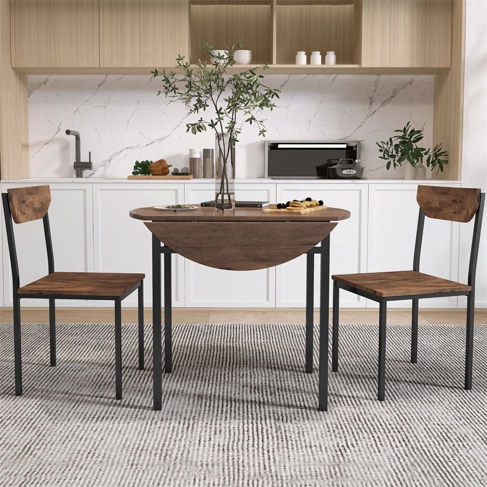 Rustic Brown Drop Leaf Dining Table Set with Metal Frame