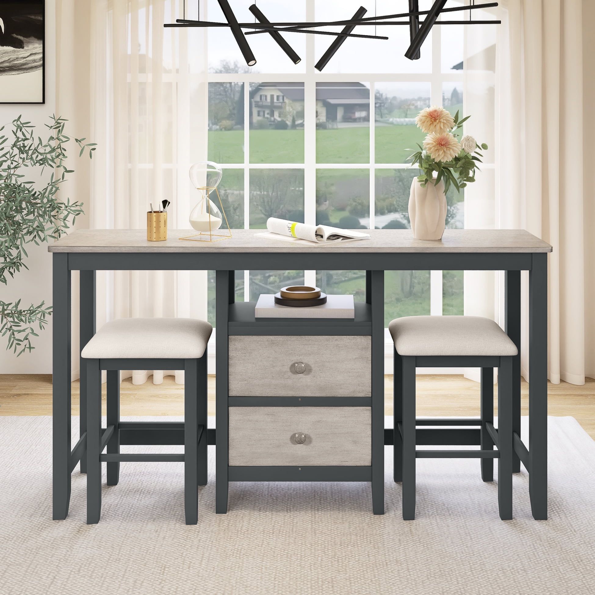 Gray 3-Piece Farmhouse Counter Height Dining Set with Storage