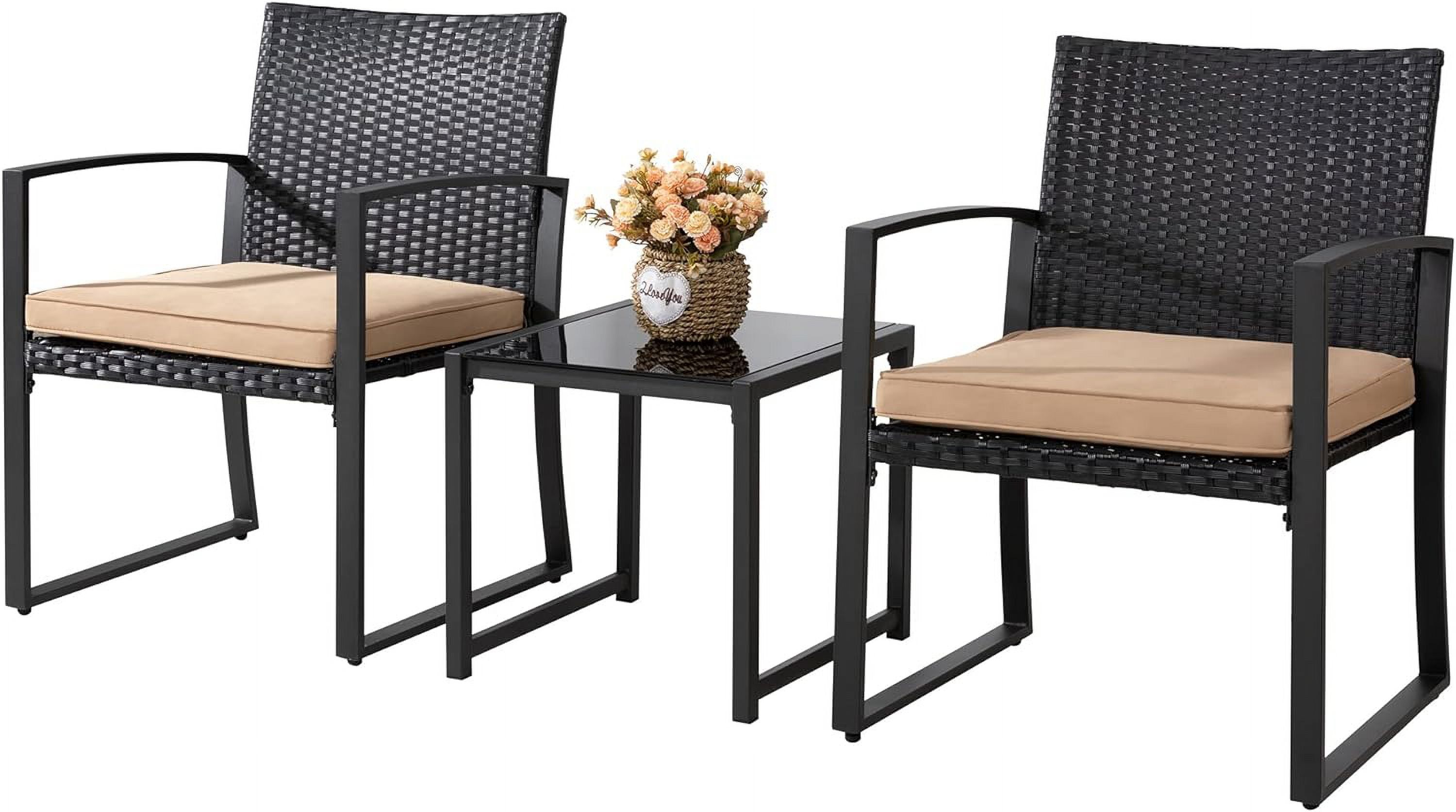 Modern Black Wicker Patio Set with Khaki Cushions