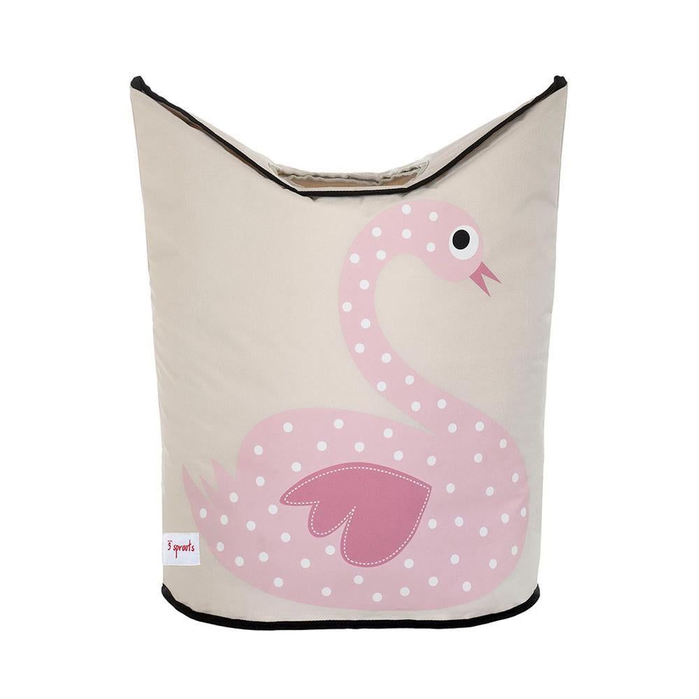 Kids Beige and Pink Swan Collapsible Laundry Hamper with Lid