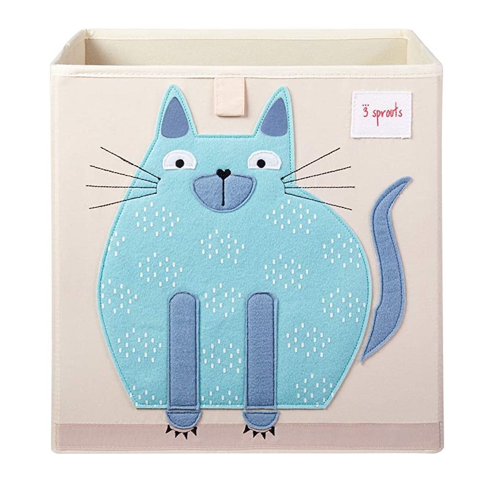 Cat Applique Beige and Blue Fabric Cube Storage Box